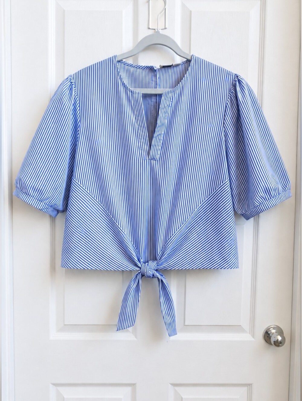 Anthropologie Maeve XL Blue Stripe 100% Cotton Tie Front Puff Sleeve Blouse